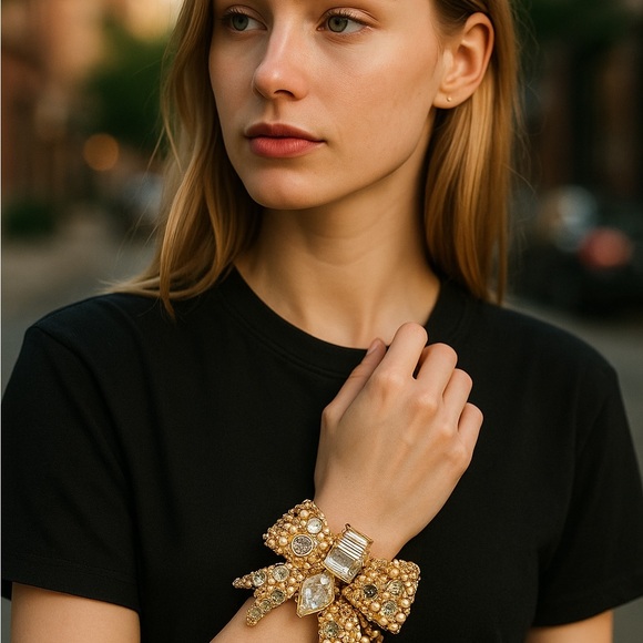 Miu Miu Gold Crystal Beaded Bow Bracelet - Picture 7 of 8